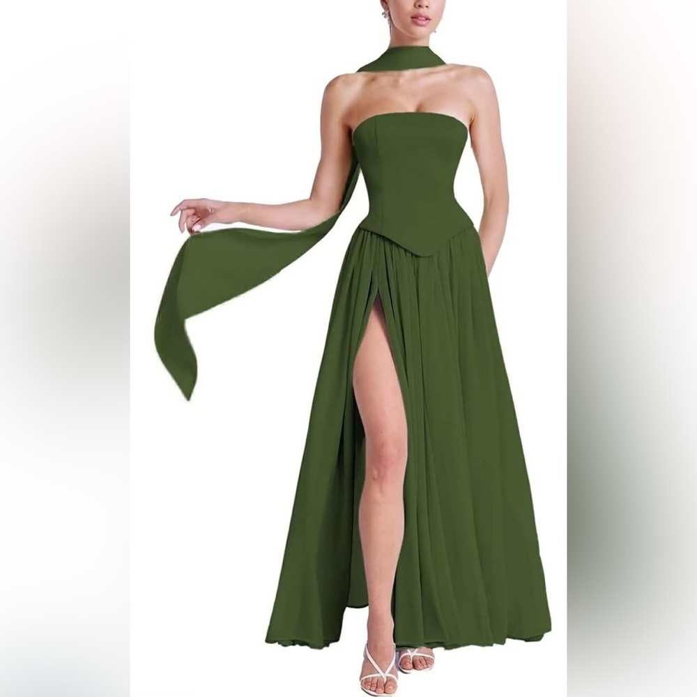Strapless Formal Evening Gown Scarf Chiffon Pleated A-Line Long Slit Bridesmaid